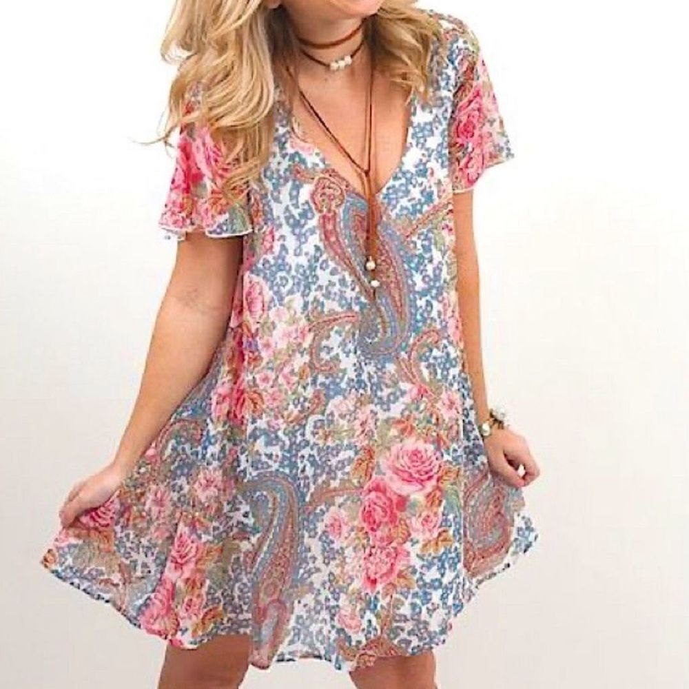 Show Me Your Mumu Kylie Floral Flutter Sleeve Mini Dress Size Small